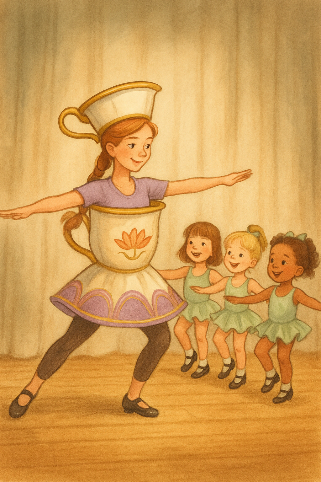 Fourteen-year-old Heather leading a preschool tap class in a whimsical teacup-style costume under warm stage lights.
